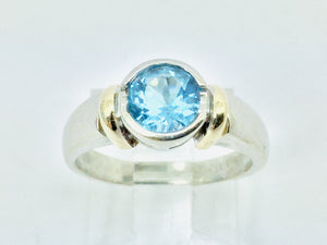 14k White and Yellow Gold Round Cut Blue Topaz December Birthstone Ring