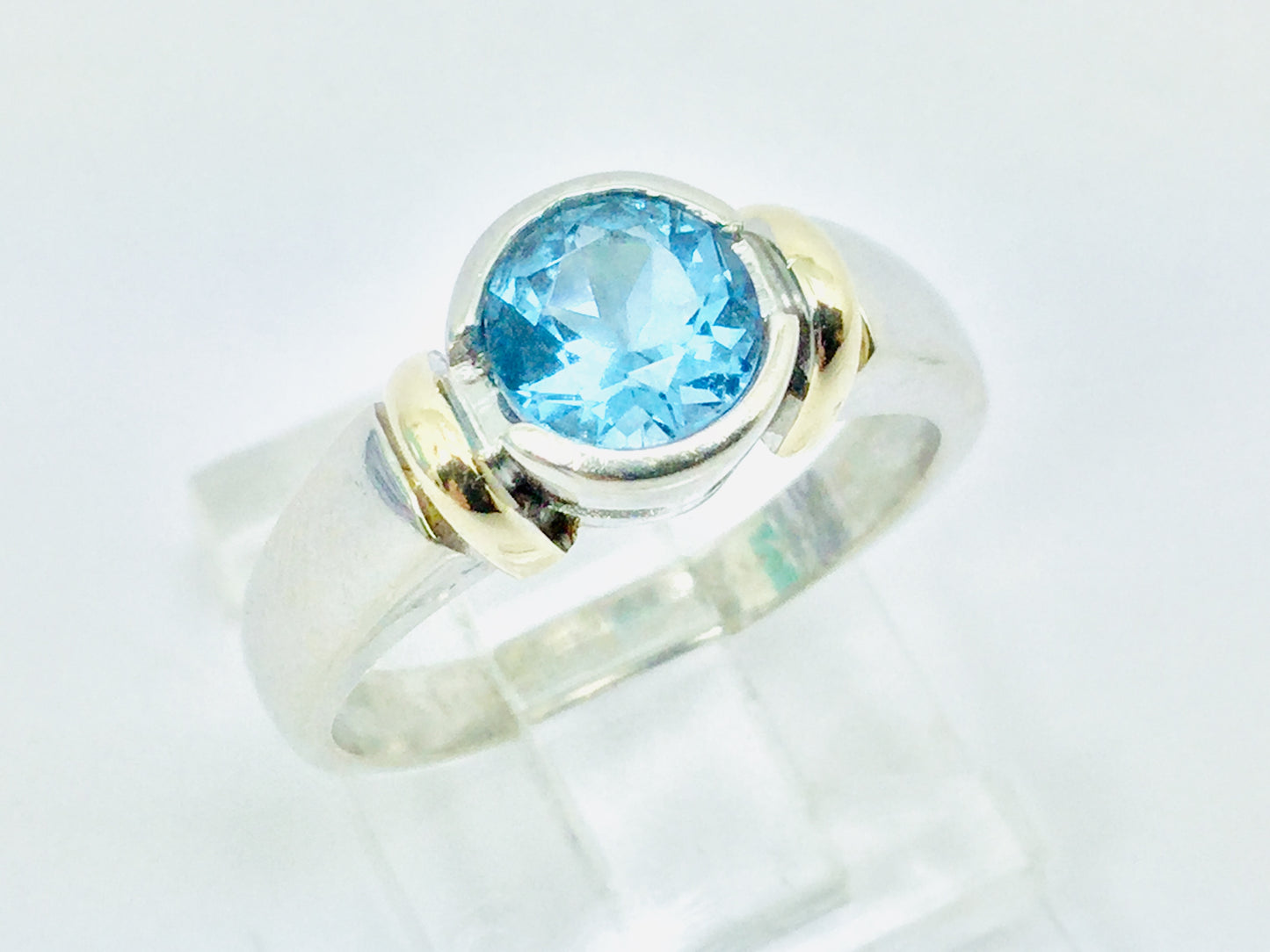 14k White and Yellow Gold Round Cut Blue Topaz December Birthstone Ring
