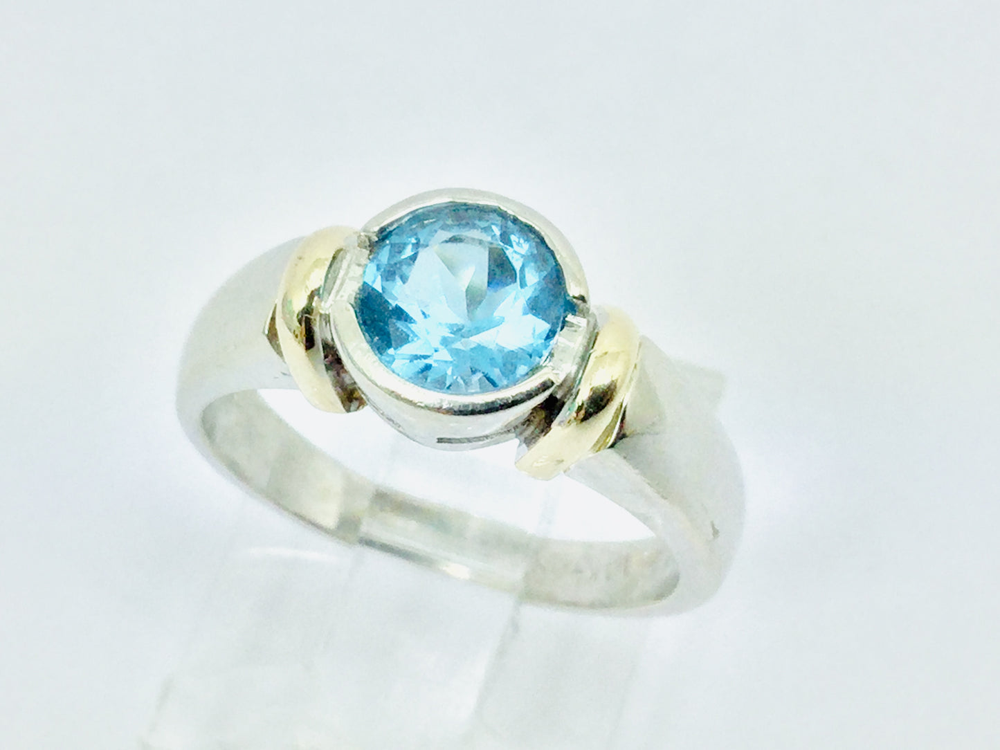 14k White and Yellow Gold Round Cut Blue Topaz December Birthstone Ring