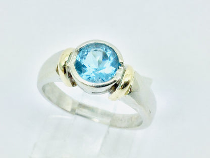 14k White and Yellow Gold Round Cut Blue Topaz December Birthstone Ring