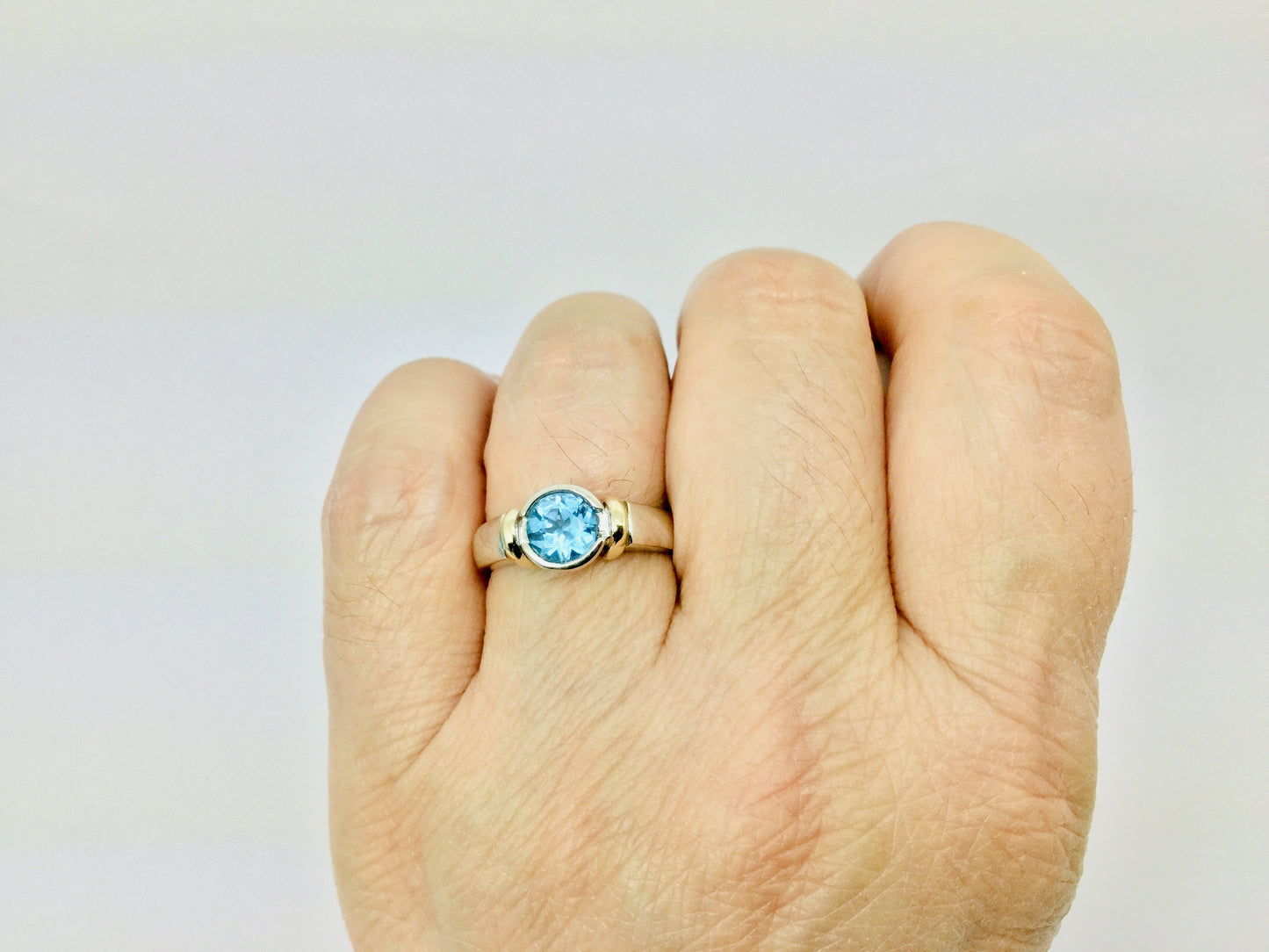 14k White and Yellow Gold Round Cut Blue Topaz December Birthstone Ring