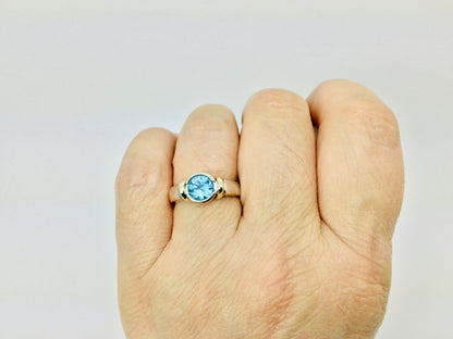 14k White and Yellow Gold Round Cut Blue Topaz December Birthstone Ring