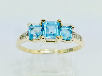10k Yellow Gold Princess Cut Blue Topaz December Birthstone & Diamond Ring