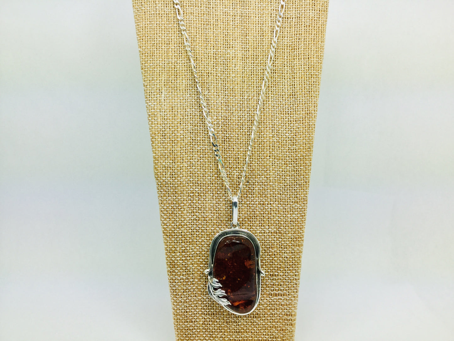 Sterling Silver Amber Leaf Pendent and Chain