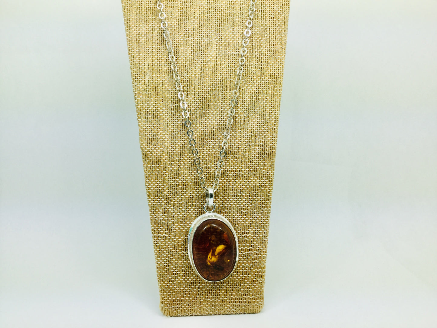 Sterling Silver Amber Pendent and Chain Necklace