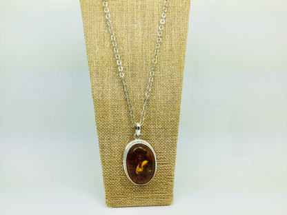 Sterling Silver Amber Pendent and Chain Necklace