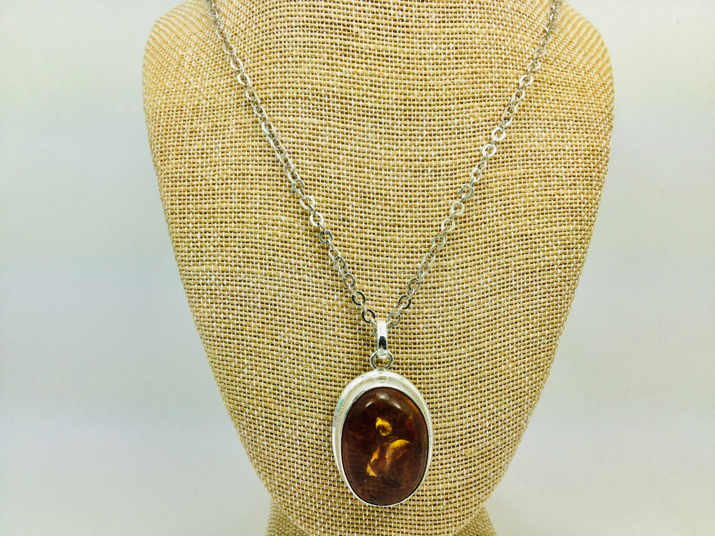 Sterling Silver Amber Pendent and Chain Necklace