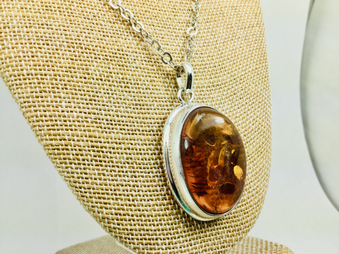 Sterling Silver Amber Pendent and Chain Necklace