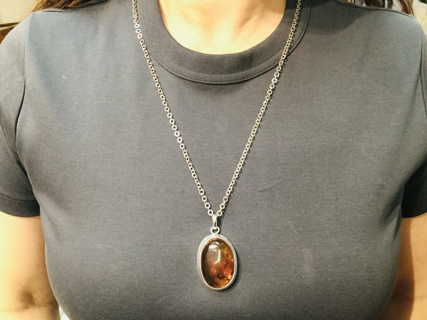 Sterling Silver Amber Pendent and Chain Necklace