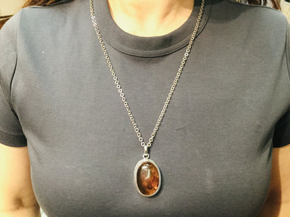 Sterling Silver Amber Pendent and Chain Necklace