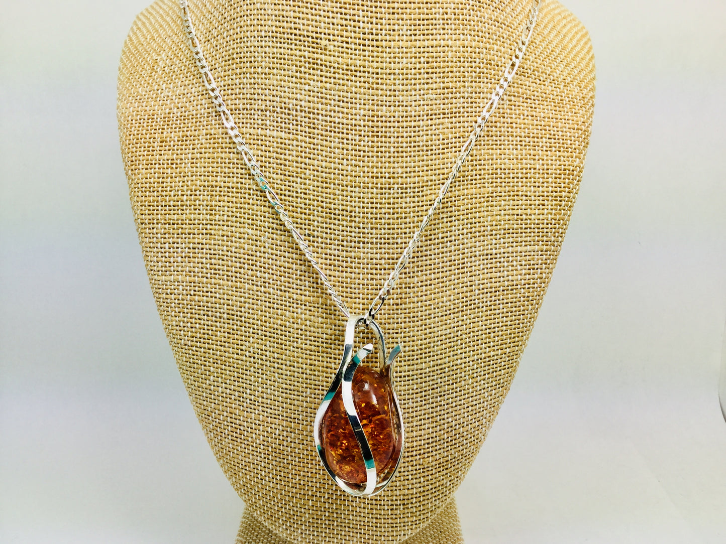 Sterling Silver Amber Pendent and Chain Necklace