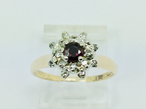 14k Yellow Gold Round Cut Garnet January Birthstone & Diamond Cluster Ring