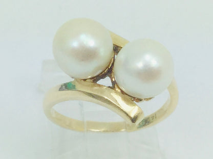 14k Yellow Gold Two Genuine Pearls June Birthstone Cocktail Ring