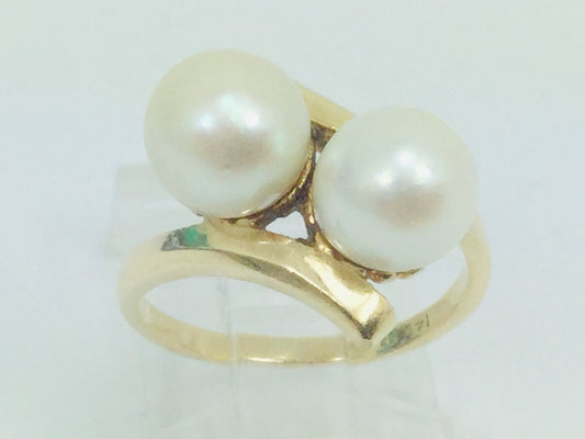 14k Yellow Gold Two Genuine Pearls June Birthstone Cocktail Ring