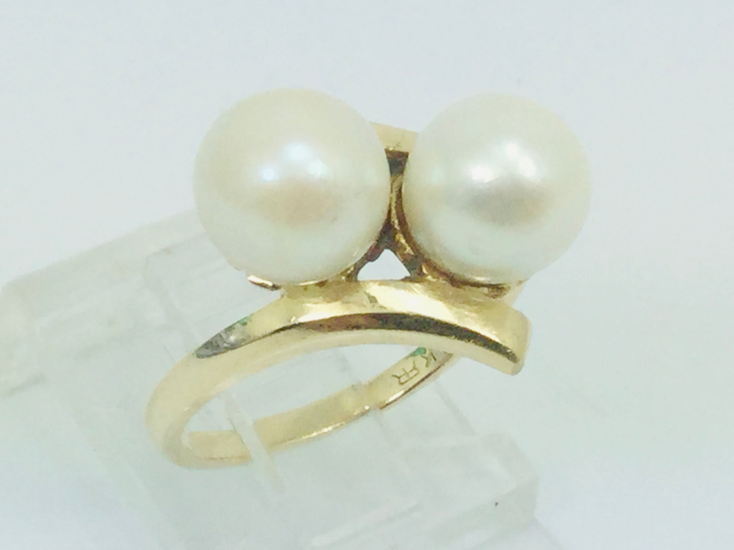 14k Yellow Gold Two Genuine Pearls June Birthstone Cocktail Ring