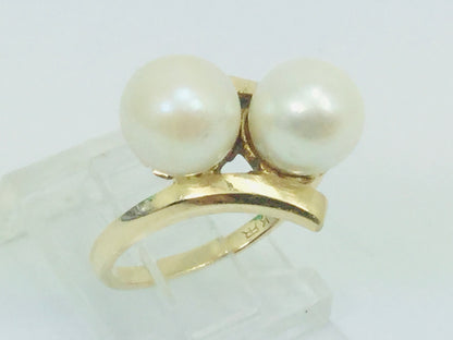 14k Yellow Gold Two Genuine Pearls June Birthstone Cocktail Ring