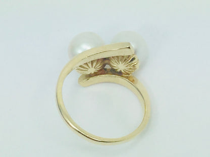 14k Yellow Gold Two Genuine Pearls June Birthstone Cocktail Ring