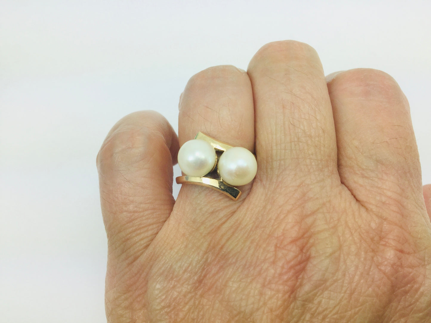 14k Yellow Gold Two Genuine Pearls June Birthstone Cocktail Ring