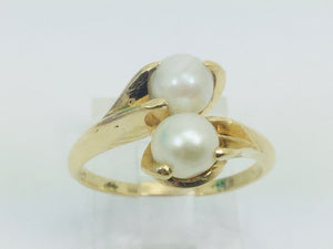 14k Yellow Gold Two Genuine Pearls June Birthstone Cocktail Ring