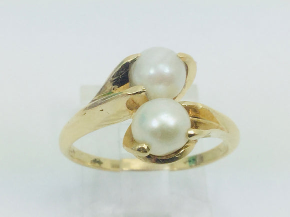 14k Yellow Gold Two Genuine Pearls June Birthstone Cocktail Ring