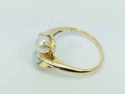 14k Yellow Gold Two Genuine Pearls June Birthstone Cocktail Ring