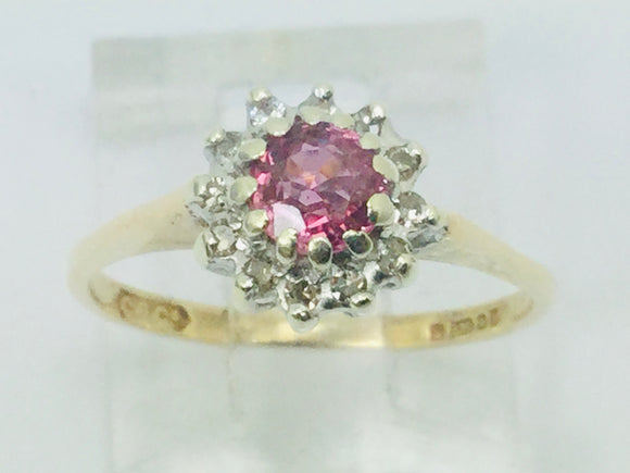 9k Yellow Gold Round Cut 35pt Genuine Ruby July Birthstone & 6pt Diamond Halo Ring