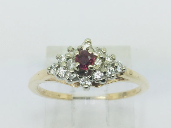 14k Yellow and White Gold Round Cut 10pt Genuine Ruby July Birthstone & 25pt Diamond Cluster Ring
