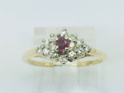 14k Yellow and White Gold Round Cut 10pt Genuine Ruby July Birthstone & 25pt Diamond Cluster Ring