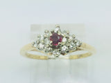 14k Yellow and White Gold Round Cut 10pt Genuine Ruby July Birthstone & 25pt Diamond Cluster Ring