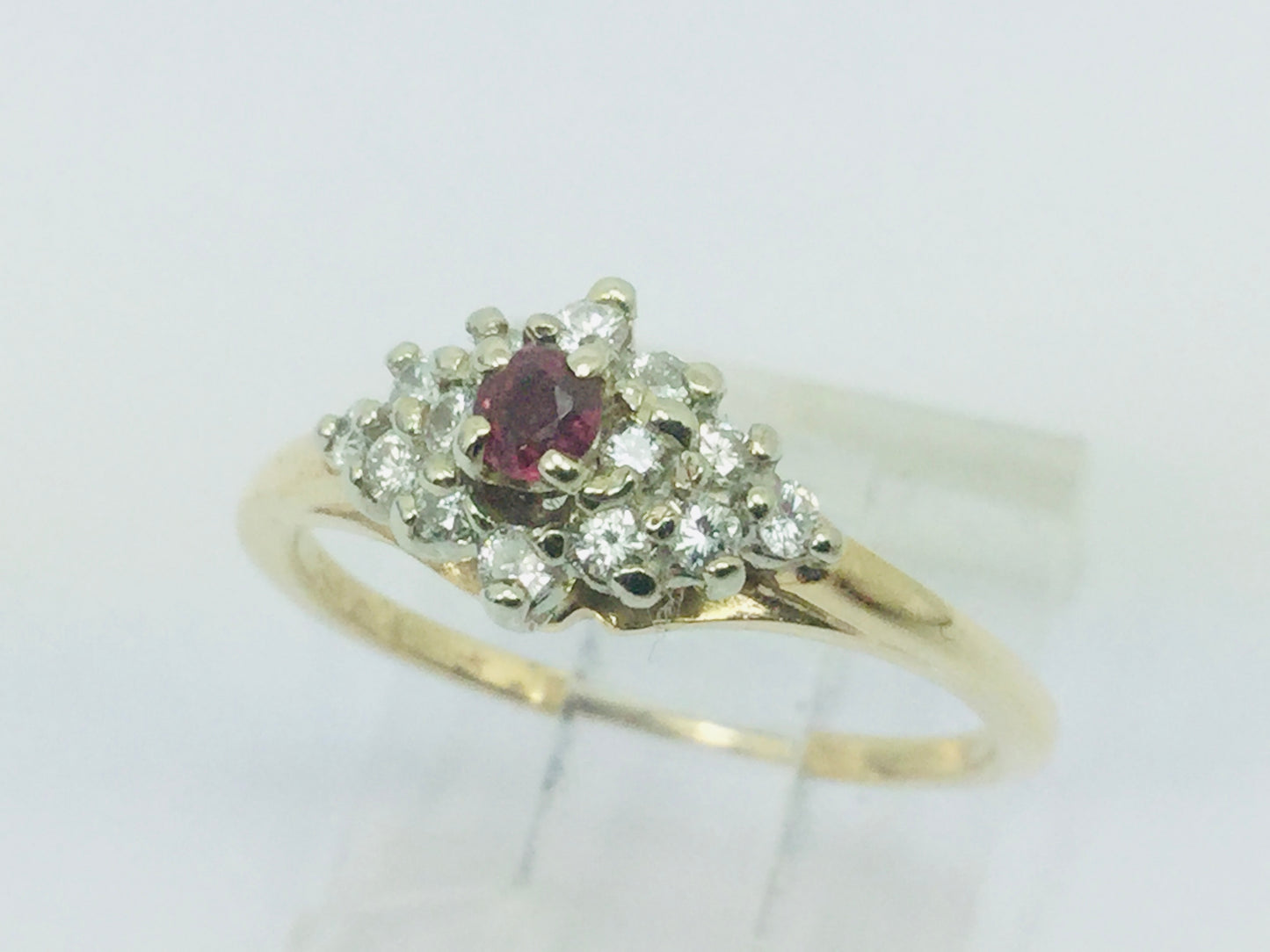 14k Yellow and White Gold Round Cut 10pt Genuine Ruby July Birthstone & 25pt Diamond Cluster Ring