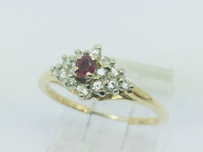 14k Yellow and White Gold Round Cut 10pt Genuine Ruby July Birthstone & 25pt Diamond Cluster Ring