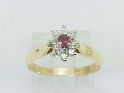 14k Yellow Gold Round Cut 12pt Genuine Ruby July Birthstone & 12pt Diamond Halo Ring