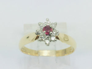 14k Yellow Gold Round Cut 12pt Genuine Ruby July Birthstone & 12pt Diamond Halo Ring