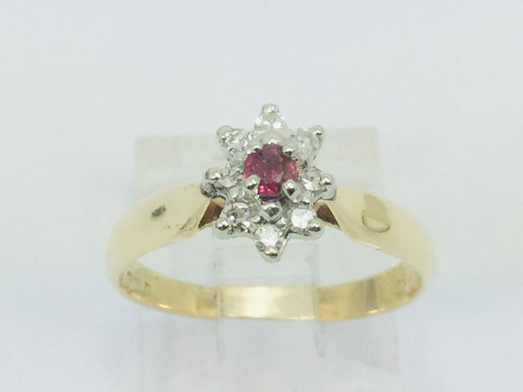 14k Yellow Gold Round Cut 12pt Genuine Ruby July Birthstone & 12pt Diamond Halo Ring