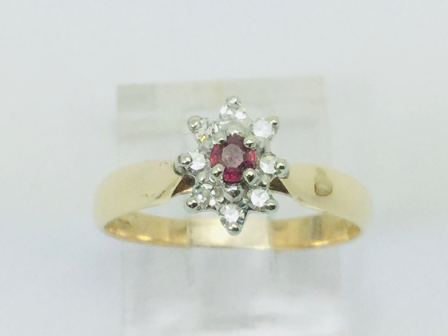 14k Yellow Gold Round Cut 12pt Genuine Ruby July Birthstone & 12pt Diamond Halo Ring