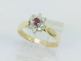 14k Yellow Gold Round Cut 12pt Genuine Ruby July Birthstone & 12pt Diamond Halo Ring