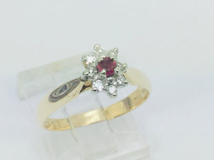 14k Yellow Gold Round Cut 12pt Genuine Ruby July Birthstone & 12pt Diamond Halo Ring