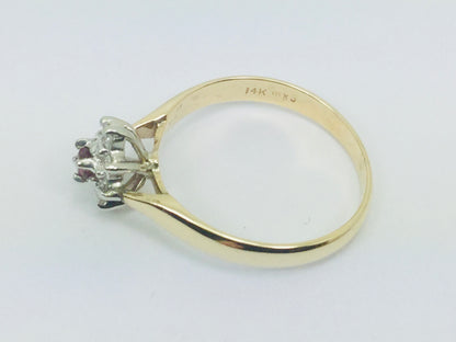 14k Yellow Gold Round Cut 12pt Genuine Ruby July Birthstone & 12pt Diamond Halo Ring