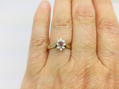 14k Yellow Gold Round Cut 12pt Genuine Ruby July Birthstone & 12pt Diamond Halo Ring