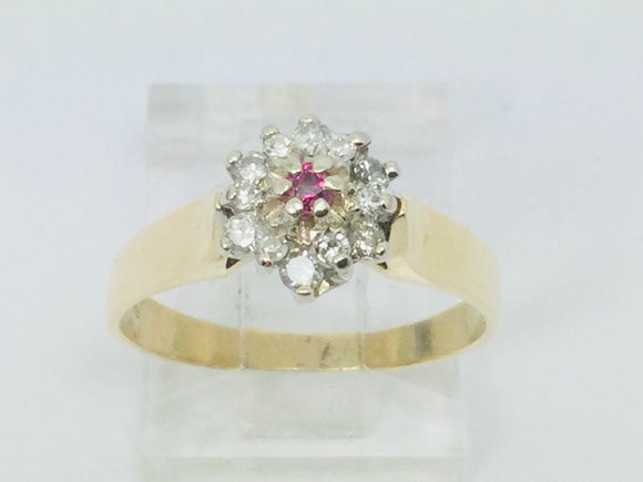 10k Yellow Gold Round Cut 5pt Genuine Ruby July Birthstone & 18pt Diamond Halo Ring