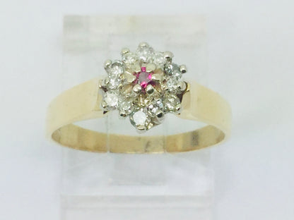 10k Yellow Gold Round Cut 5pt Genuine Ruby July Birthstone & 18pt Diamond Halo Ring