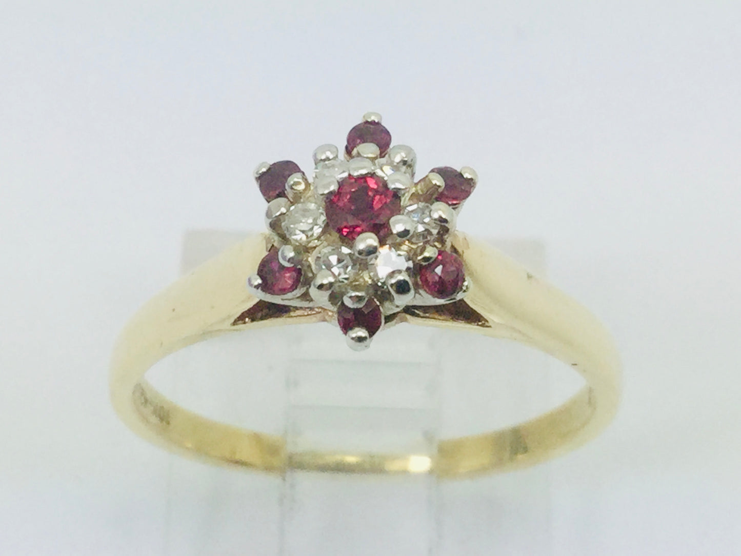10k Yellow & White Gold Round Cut 20pt Genuine Ruby July Birthstone & 6pt Diamond Halo Ring