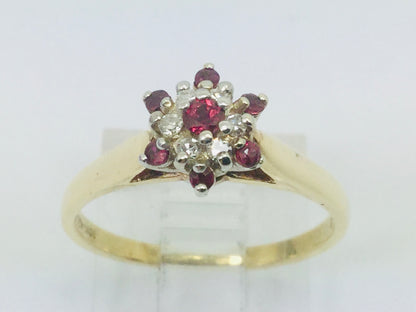 10k Yellow & White Gold Round Cut 20pt Genuine Ruby July Birthstone & 6pt Diamond Halo Ring