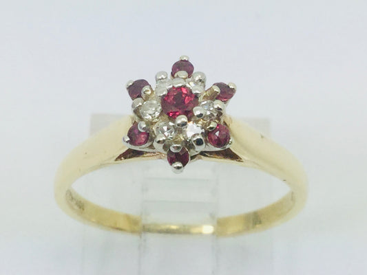 10k Yellow & White Gold Round Cut 20pt Genuine Ruby July Birthstone & 6pt Diamond Halo Ring