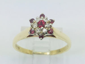10k Yellow & White Gold Round Cut 20pt Genuine Ruby July Birthstone & 6pt Diamond Halo Ring