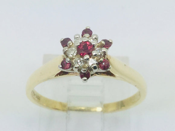 10k Yellow & White Gold Round Cut 20pt Genuine Ruby July Birthstone & 6pt Diamond Halo Ring