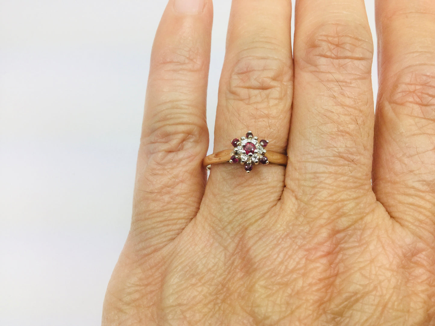 10k Yellow & White Gold Round Cut 20pt Genuine Ruby July Birthstone & 6pt Diamond Halo Ring