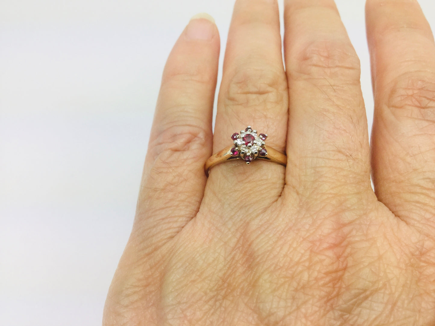 10k Yellow & White Gold Round Cut 20pt Genuine Ruby July Birthstone & 6pt Diamond Halo Ring