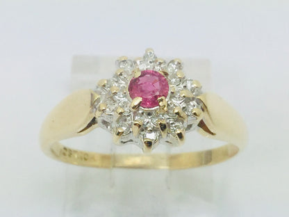 10k Yellow Gold Round Cut 16pt Genuine Ruby July Birthstone & 10pt Diamond Halo Ring