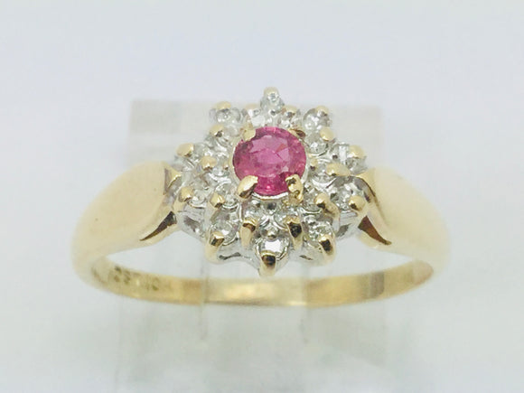 10k Yellow Gold Round Cut 16pt Genuine Ruby July Birthstone & 10pt Diamond Halo Ring